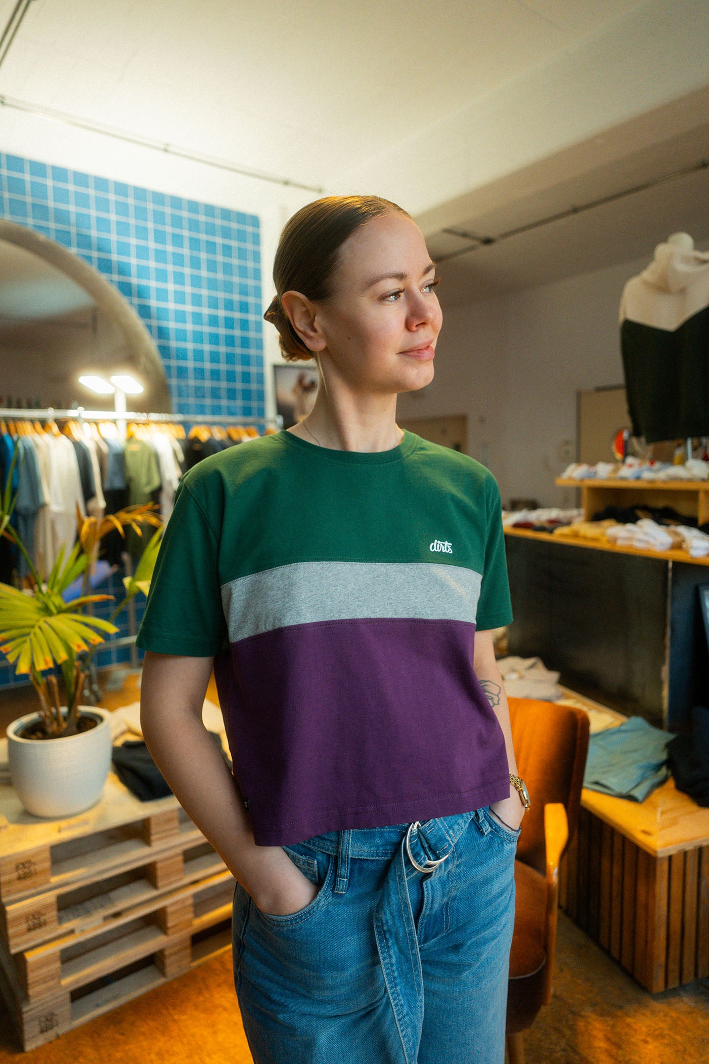 UPCYCLING Cropped Color Block T-Shirt